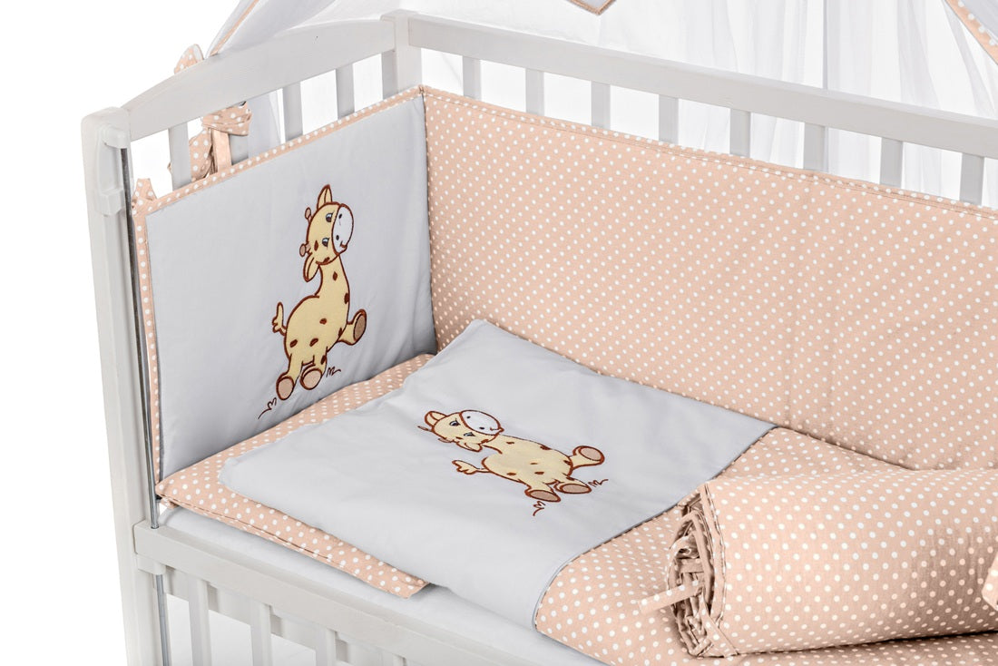 Komplettset: 8-teiliges Beistellbett 90x40 Giraffe – Beige & Grau