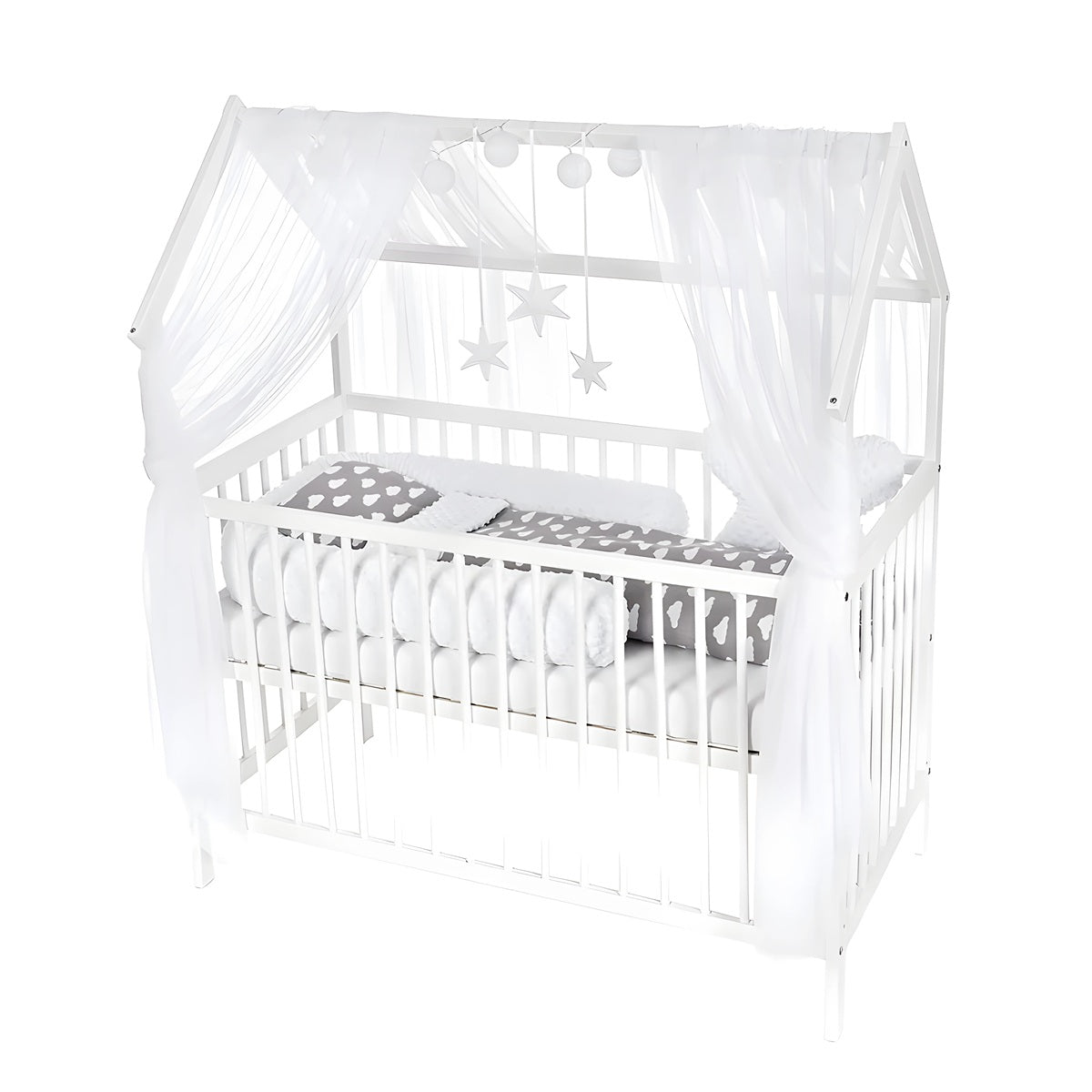 Hausbett für Kinder mit Matratze & Minky Set – Wolkenmotiv