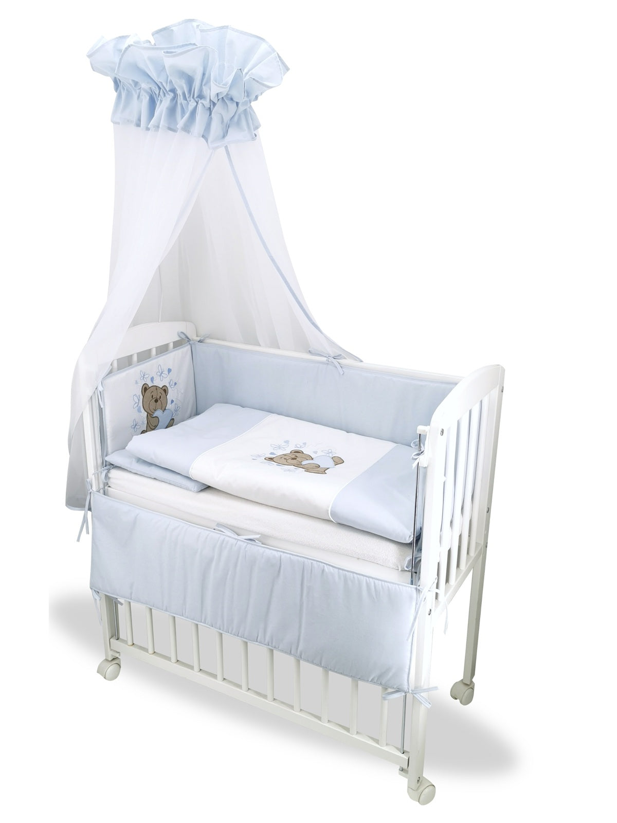 3in1 Beistellbett weiß mit Baerchen – Komplettset mit Matratze und Bettwäsche