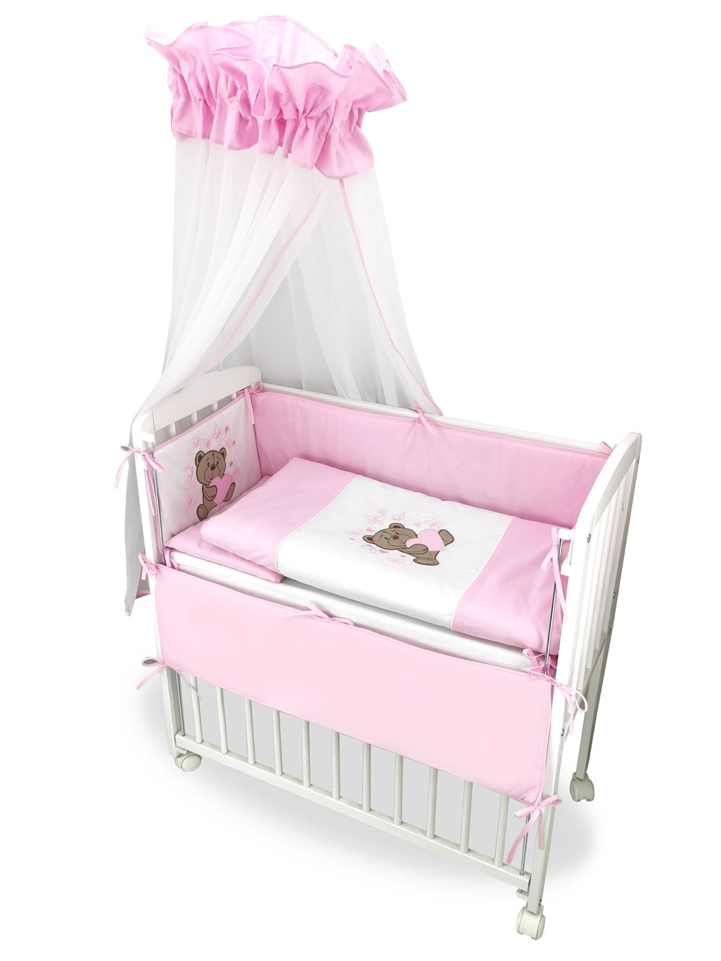 Beistellbett Boxspring Weiß inkl. rosa Teddybären-Bettwäsche