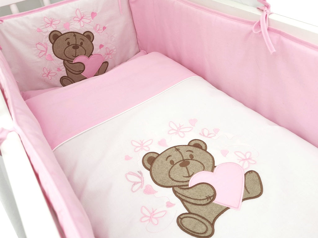 Beistellbett Boxspring Weiß inkl. rosa Teddybären-Bettwäsche