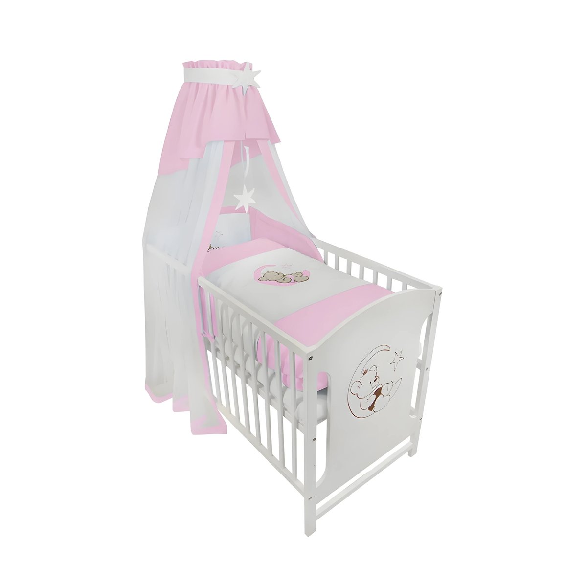 Gitterbett 120 × 60 Babybett holz Bär auf dem Mond in Rosa