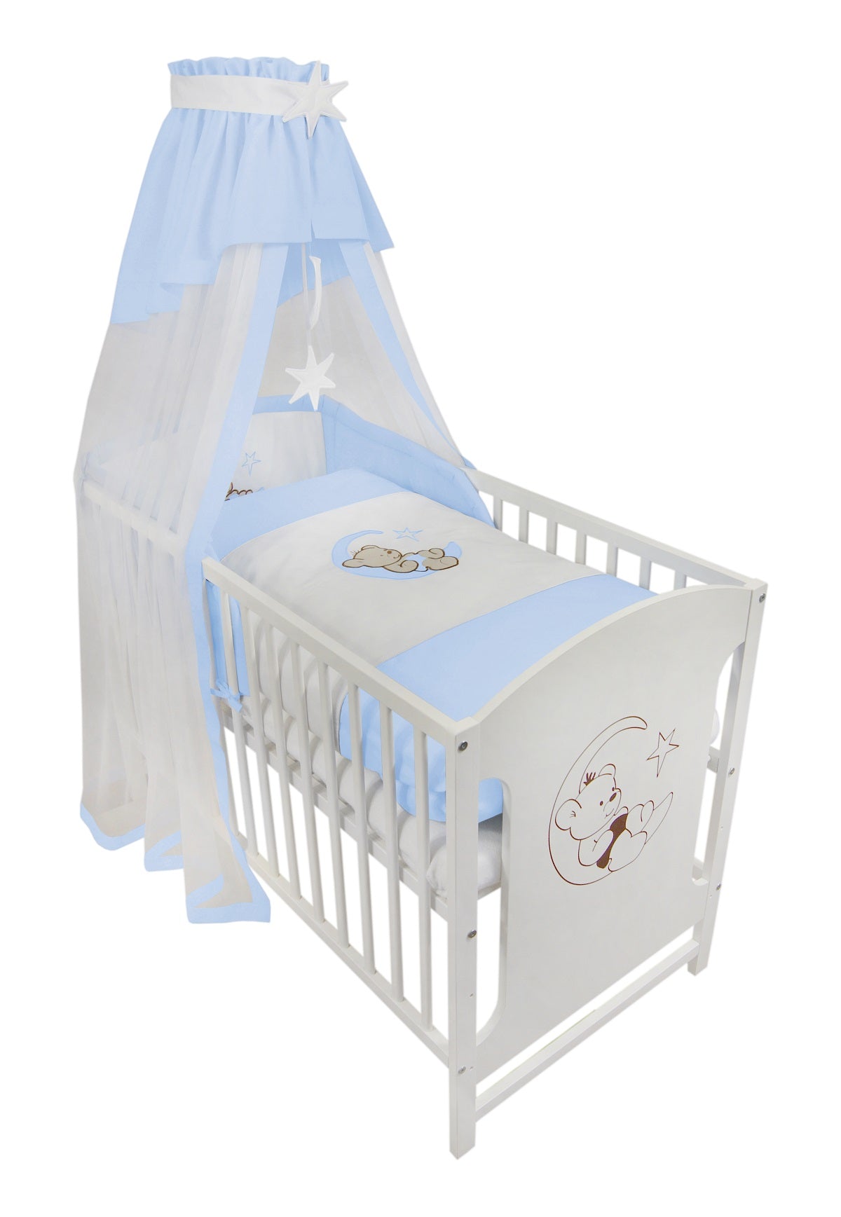 Komplettbett für Babys in Blau mit Bettwäsche und Baldachin – Motiv Teddy auf dem Mond