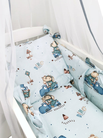 Komplettes Babybett im Dino-Design mit Himmel und Bettwäsche