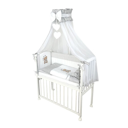 Baby Beistellbett mit Textile Ausstattung – Teddy Herzen Grau