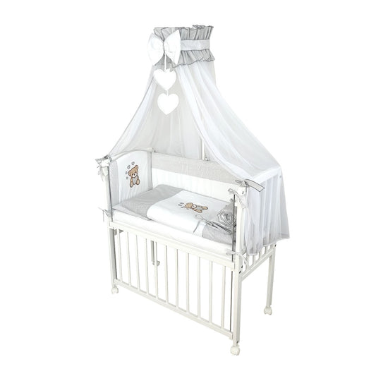 Baby Beistellbett mit Textile Ausstattung – Teddy Herzen Grau