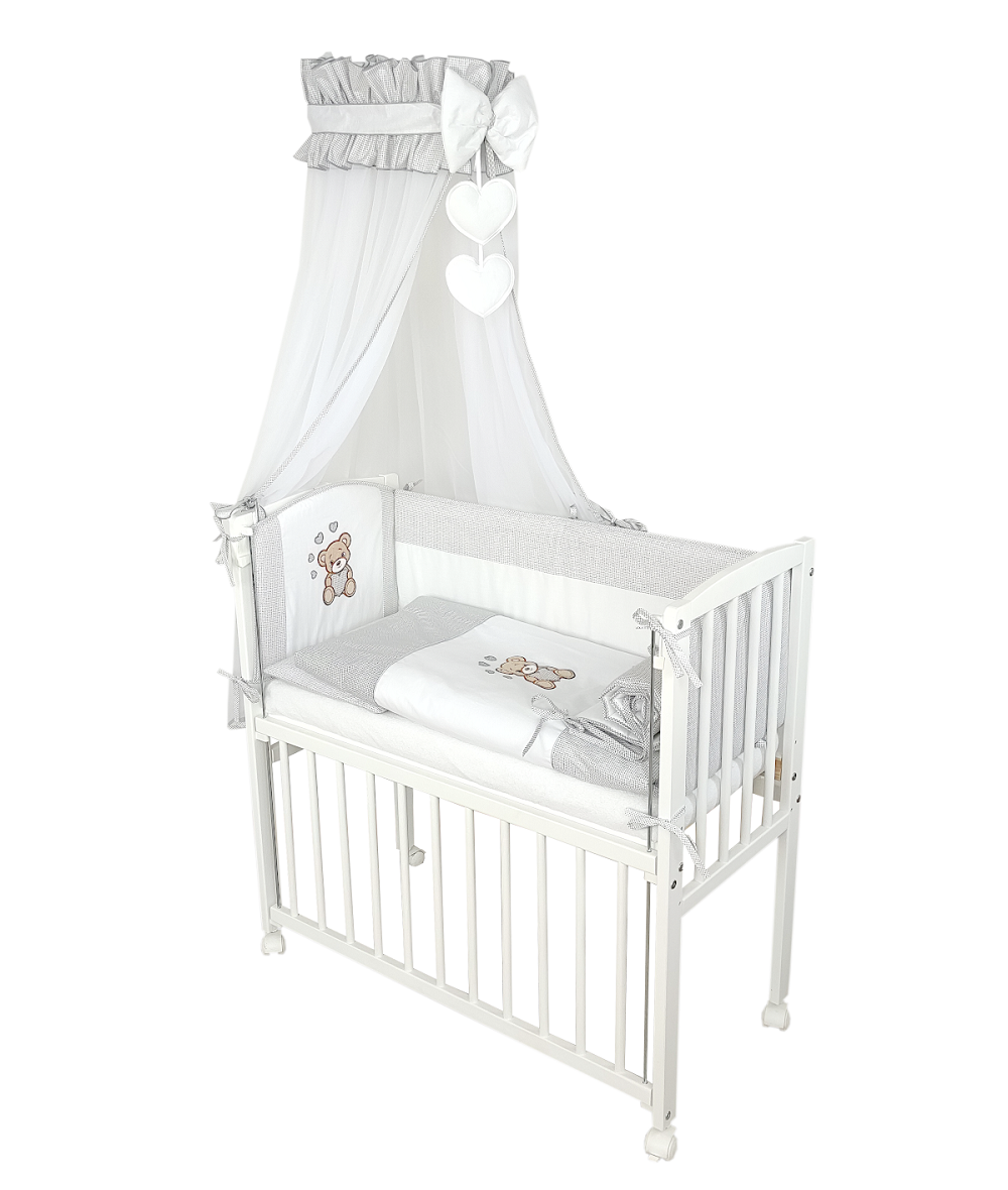 Baby Beistellbett, Textile-Ausstattung – Teddy Herzen Grau - babyhafen.de 