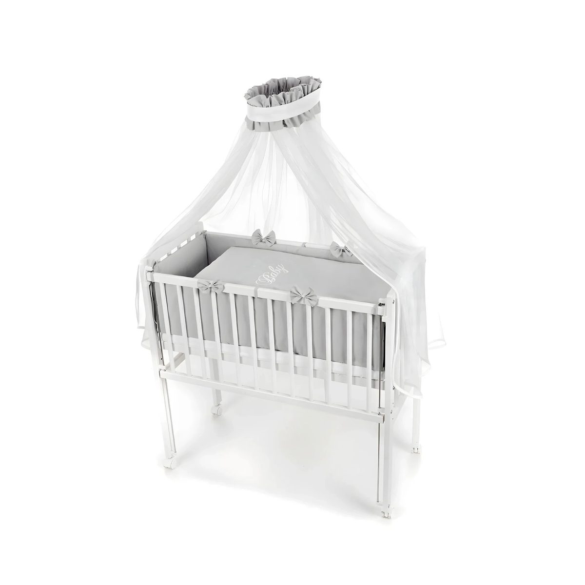 Beistellbett 90x40 Grau – Komplettset mit Matratze, Rollen & HERZEN-Bettwäsche