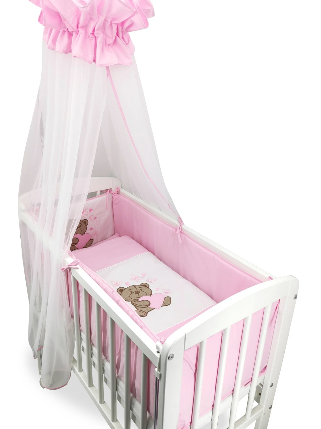 Beistellbett Boxspring Weiß inkl. rosa Teddybären-Bettwäsche