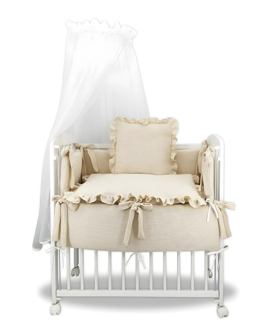 Vielseitiges 3in1 Beistellbett mit Musselin-Bettwäsche in Beige (Vorverkauf – Lieferung ab 15. August)