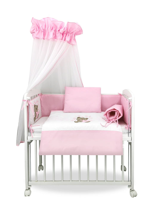 Beistellbett Boxspring Weiß inkl. rosa Teddybären-Bettwäsche