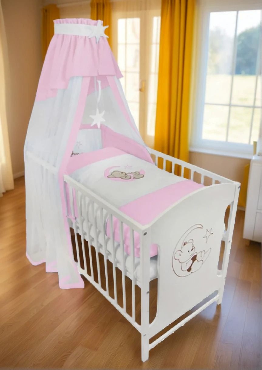 Gitterbett 120 × 60 Babybett holz Bär auf dem Mond in Rosa
