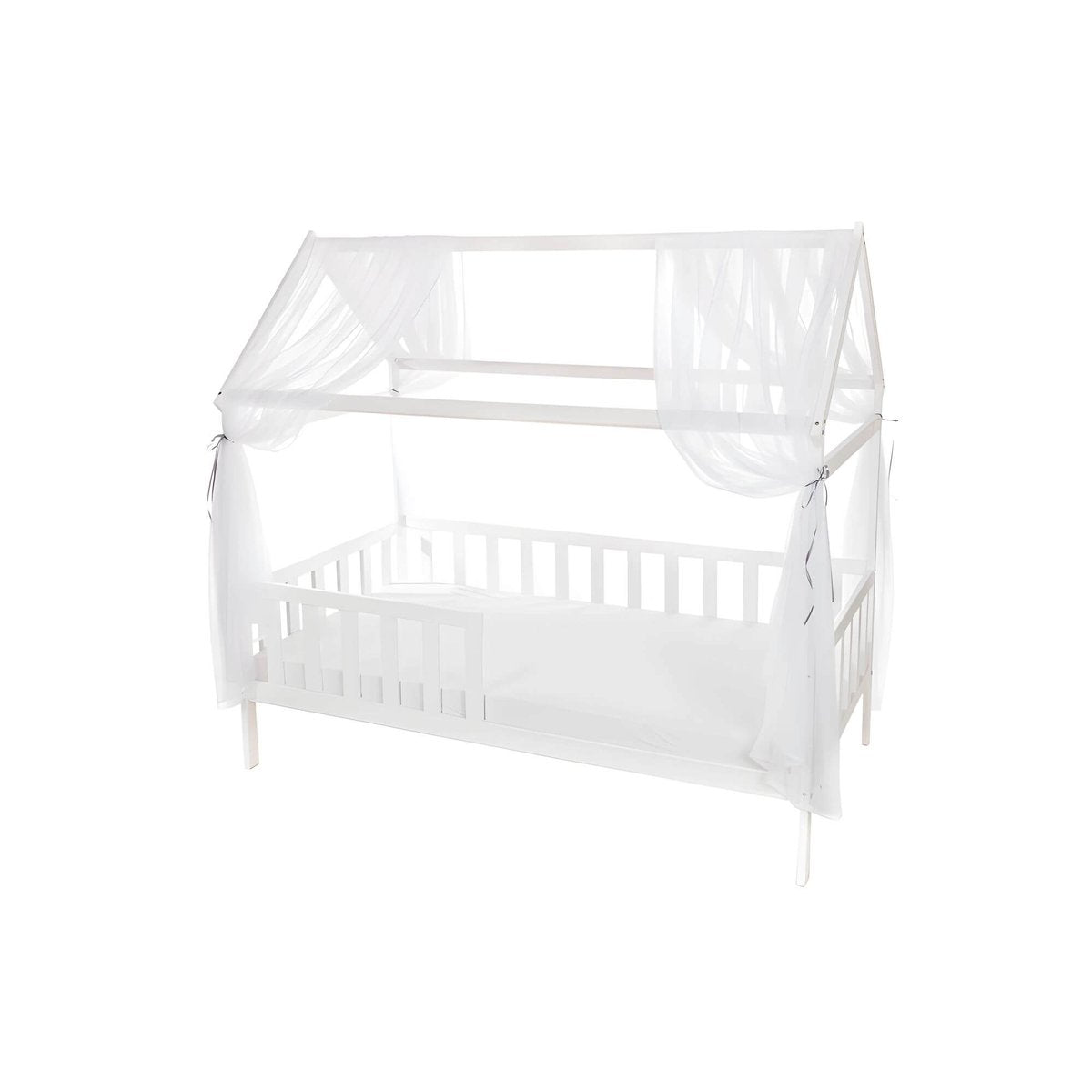 Modernes Hausbett 160x80 cm in Weiß mit Chiffon-Dekoration – stilvolles Kinderbett für Mädchen und Jungen