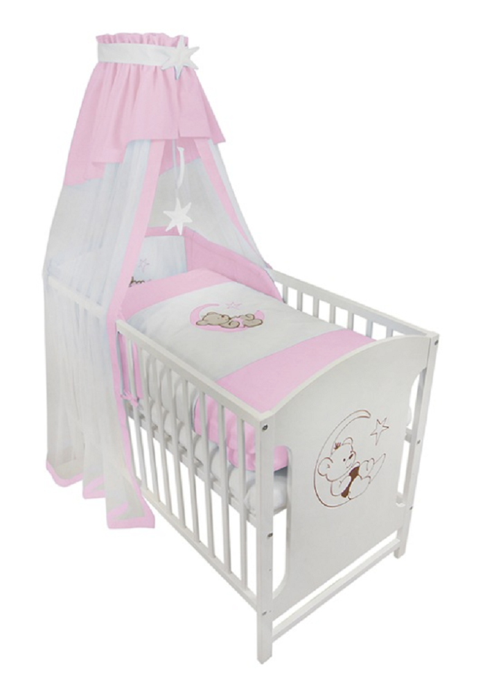 Komplettbett 120 × 60 Babybett Teddy auf dem Mond, rosa 