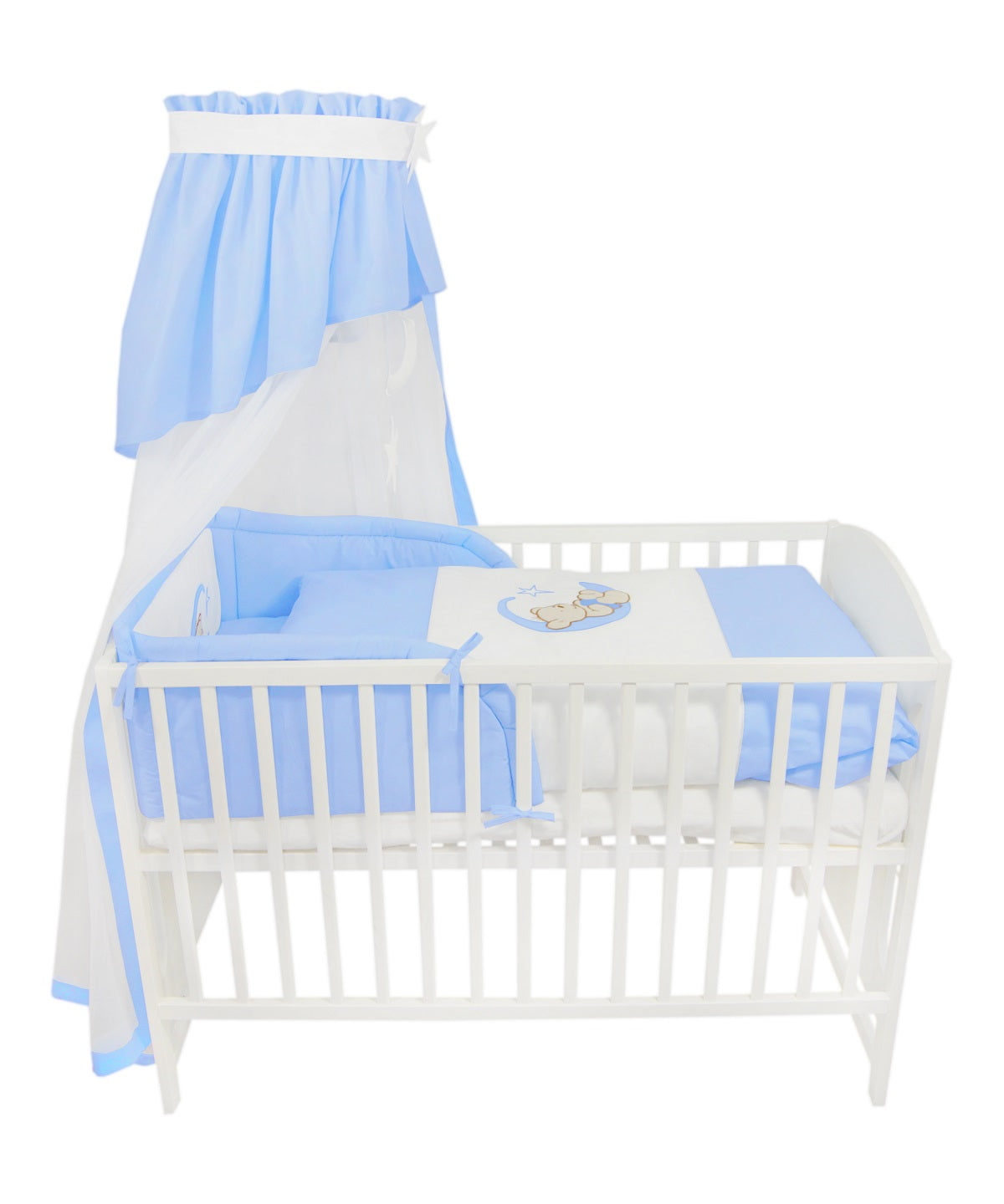 Komplettbett 120 × 60 Babybett Teddy auf dem Mond, blau 