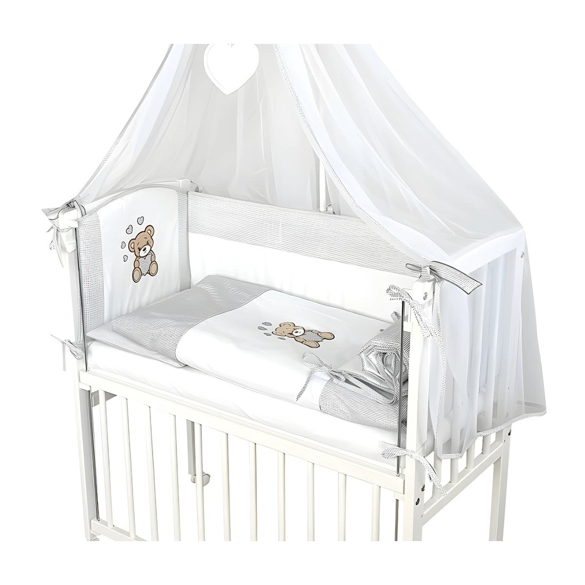 Baby Beistellbett mit Textile Ausstattung – Teddy Herzen Grau_Royalbabybett