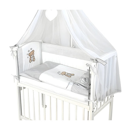 Baby Beistellbett mit Textile Ausstattung – Teddy Herzen Grau_Royalbabybett