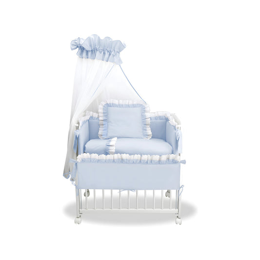 Royalbabybett 3in1 Beistellbett Babybett – Weiß mit Blau-Spitze Bettwäsche, 90x40 cm