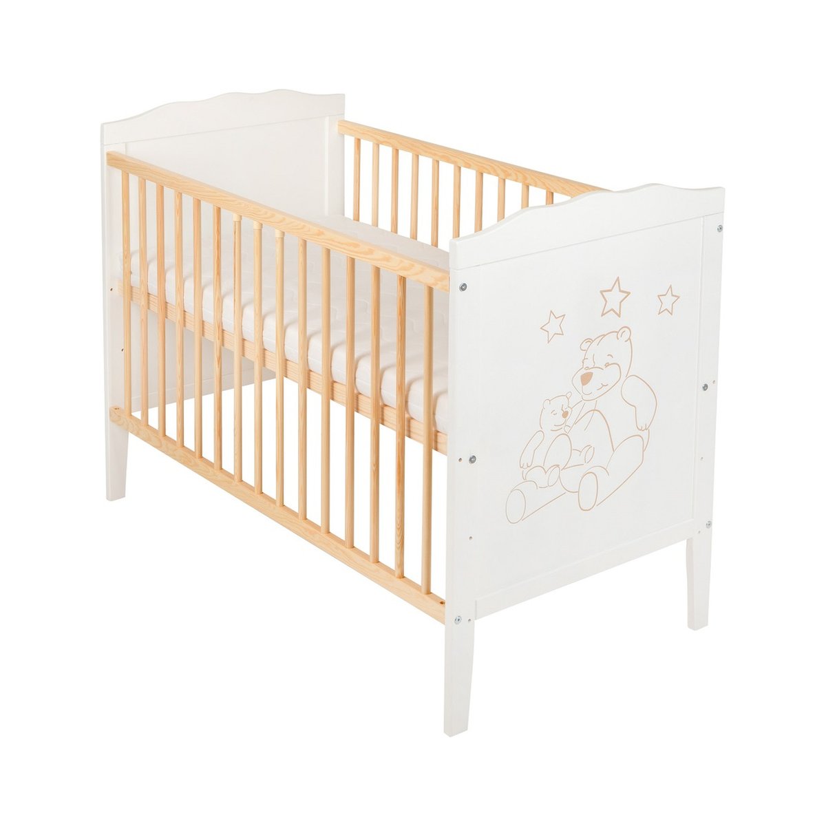 Babybett mit liebevollem Bärchen-Design – Weiß mit Naturholz