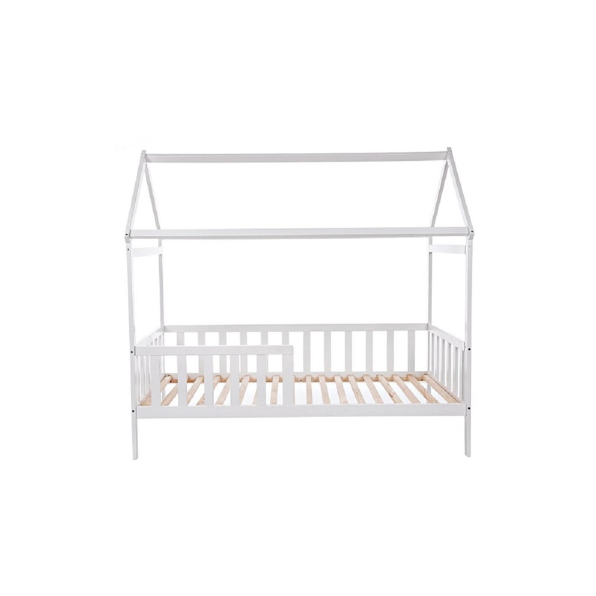 hausbett-80x160-weiss-mit-rausfallschutz-frontansicht-royalbabybett