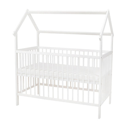 Massives Babybett im Hausstil mit Lattenrost und Schaumstoffmatratze – sicher & gemütlich
