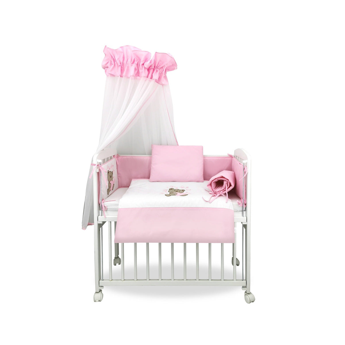 Beistellbett Boxspring Weiß inkl. rosa Teddybären-Bettwäsche